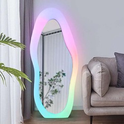 Unique Shape with RGB Light Velvet Frame Mirror, Multicolour