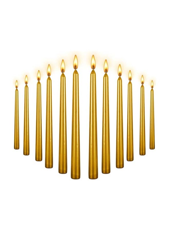 10-Inch Tall Metallic Non-Driptaper Wist Taper Candle, 12 Pieces, Glossy Gold