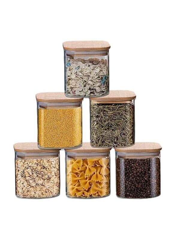 

Generic Airtight Square Glass Jar with Wooden Lid, 6 x 700ml, Transparent