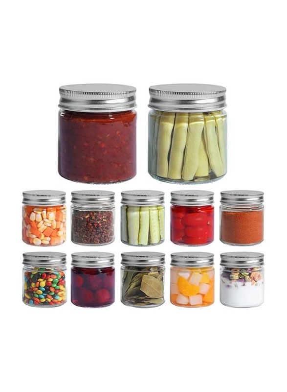 Glass Round Jar for Food Storage with Metal Screw Cap, 12 x 250ml, Transparent