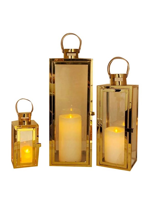 Outdoor Hurricane Square Candle Lantern Set, 21 x 8.5 x 8.5cm, Gold