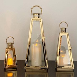 Outdoor Hurricane Triangle Candle Lantern Set, 15.5 x 6.5 x 3cm, Gold