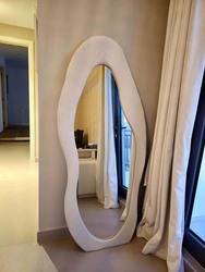 Unique Shape Off White Velvet Frame Mirror For Home Decoration, Off White