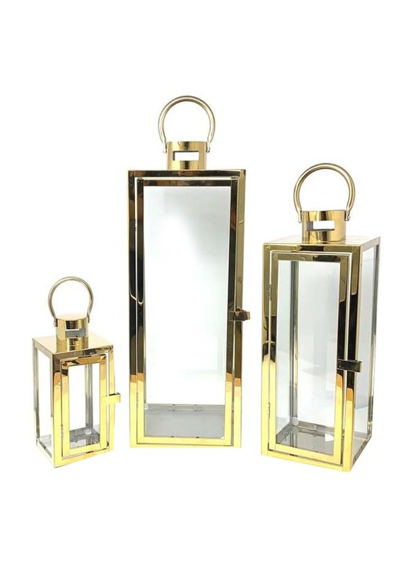 Outdoor Hurricane Square Candle Lantern Set, 15.5 x 6.5 x 6.5cm, Gold