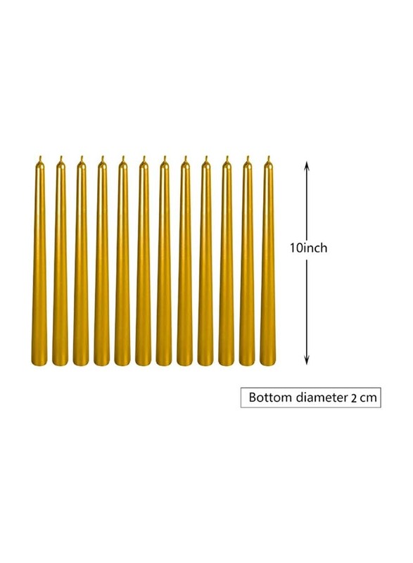 10-Inch Tall Metallic Non-Driptaper Wist Taper Candle, 12 Pieces, Glossy Gold