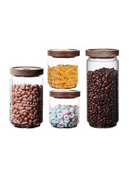 Airtight Round Glass Jar with Wooden Lid, 4 x 1200ml, Transparent