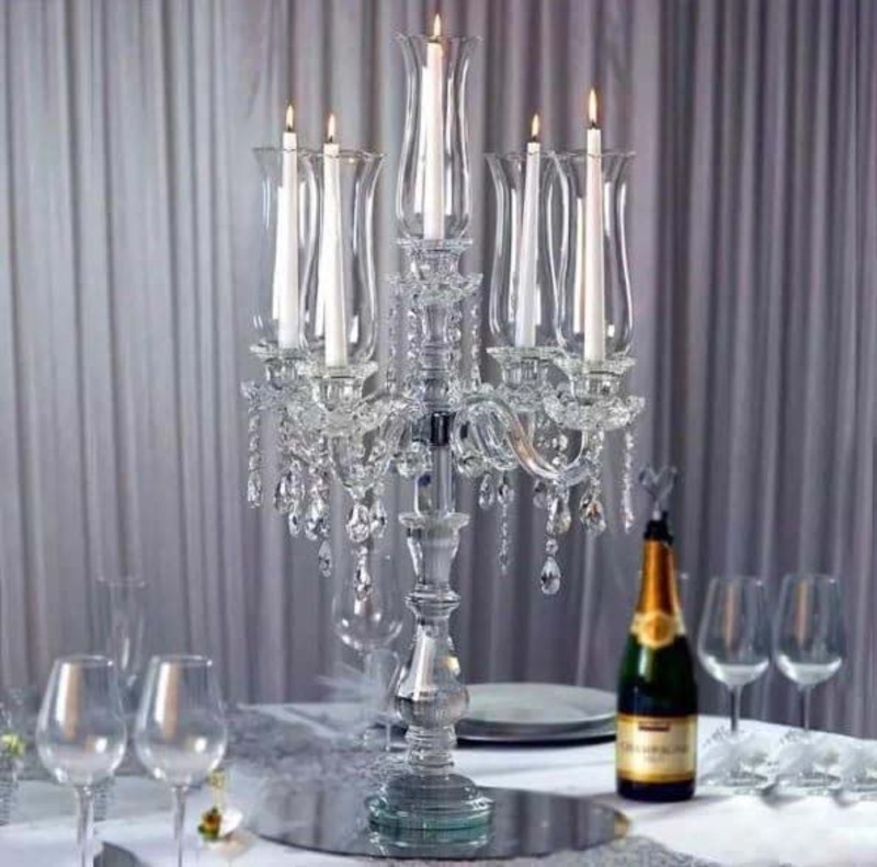 Elegant Crystal Glass Candle Stick Holders with 5 Arms, Transparent