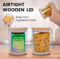 Airtight Clear Glass Round Jar with Wooden Lid, 8 x 3000ml, Transparent