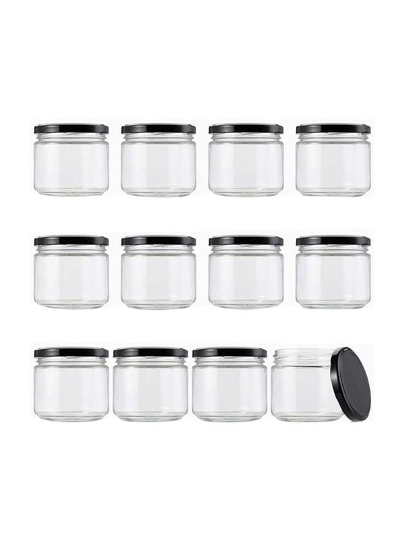 Clear Glass Jar with Black Metal Lid, 12 x 285ml, Transparent