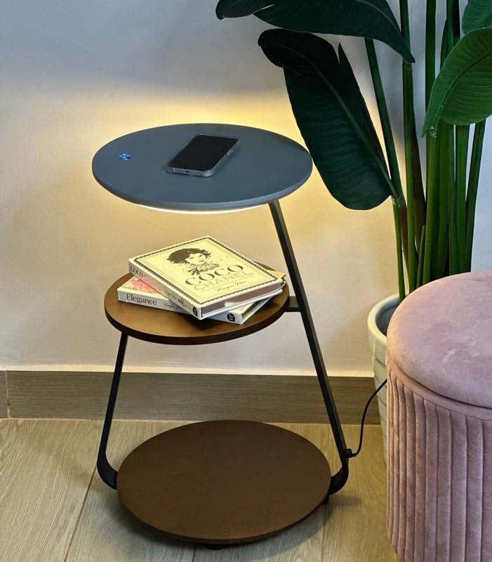 Side Table With Wireless Charger, 34 x 34 x 60cm, Beige/Black