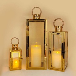 Outdoor Hurricane Square Candle Lantern Set, 15.5 x 6.5 x 6.5cm, Gold