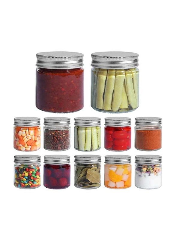 Glass Round Jar for Food Storage with Metal Screw Cap, 12 x 250ml, Transparent