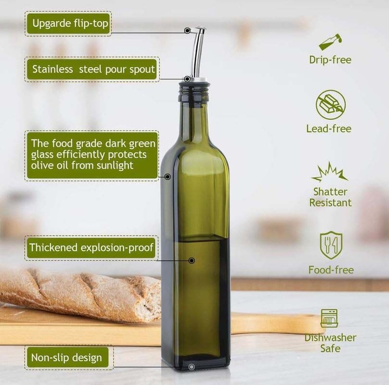 1000ml 4-Piece Glass Square Bottle for Oils with Pouring Lid, FOSBLSH0319, Green