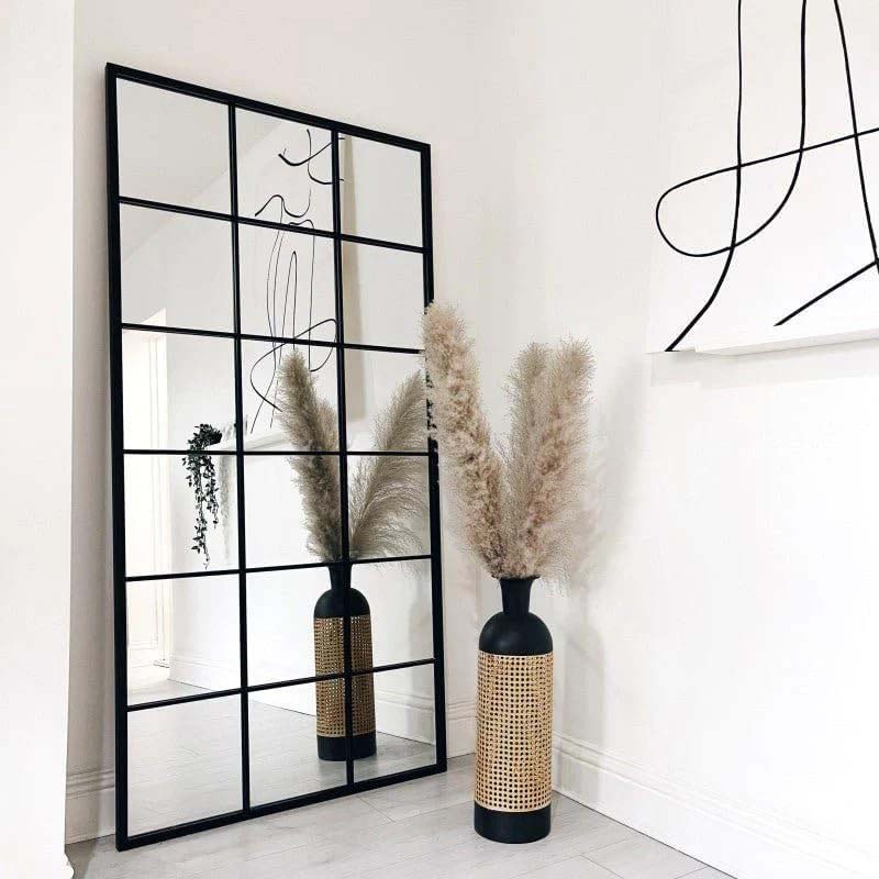 Rectangular Shape Window Design Mirror for Floor Decoration, Black