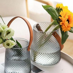 Glass Vase And Ice Bucket With Leather Handle, 15 x 10 x 10cm, Dull Clear