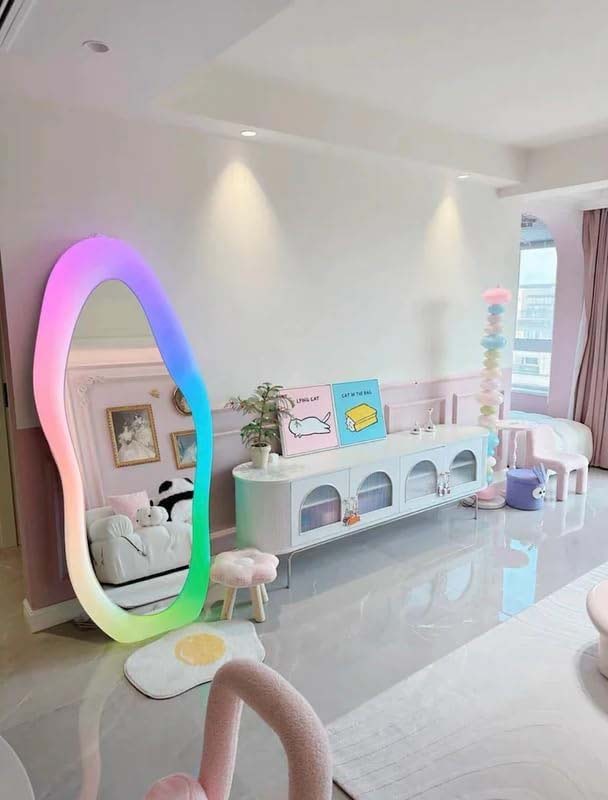 Unique Shape with RGB Light Velvet Frame Mirror, Multicolour