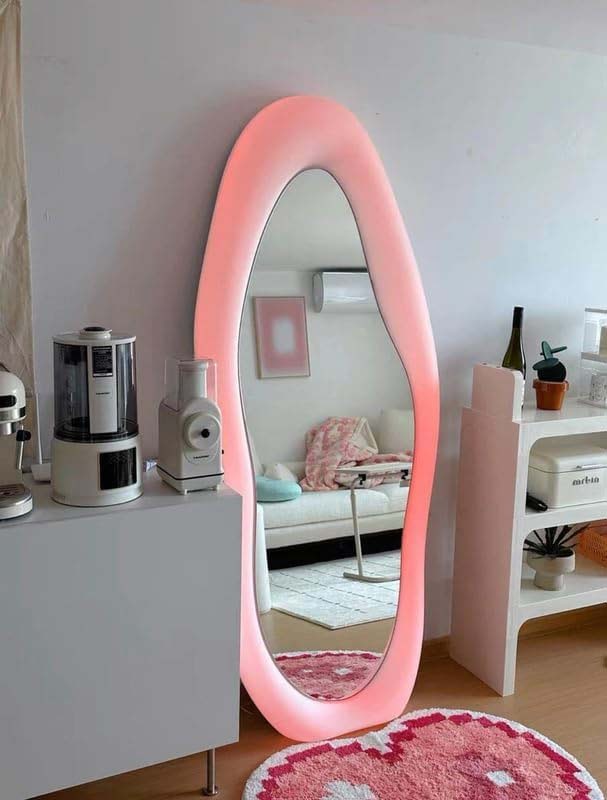 Unique Shape with RGB Light Velvet Frame Mirror, Multicolour