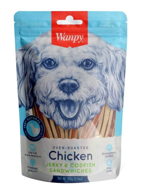 

Wanpy Oven-Roasted Chicken Jerky & Codfish Sandwiches Dogs Dry Food, 100g