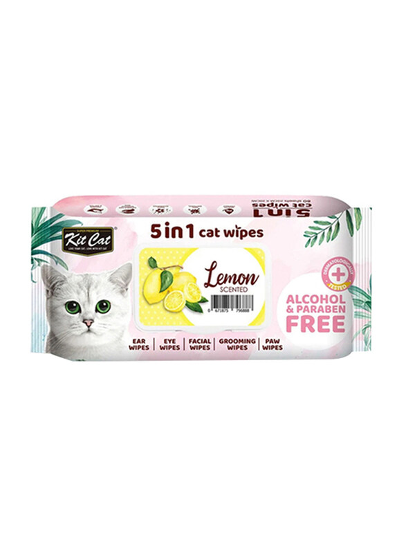 

KitCat 5 in 1 Lemon Cat Wipes, 80 Sheets, White