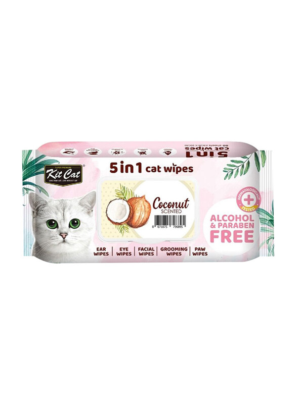 

KitCat 5 in 1 Coconut Scent Perfumed Cat Wipes, 80 Sheets, White