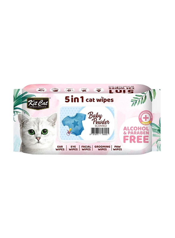 

KitCat 5 In 1 Baby Powder Scented Cat Wipes, 80 Sheets, White