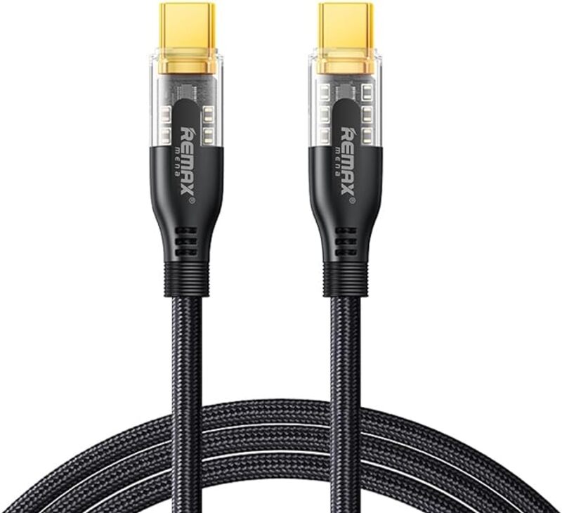 Remax Mena 60 W Fast Charging Cable, Type C Charging Translucent Cable for Samsung Galaxy S22 Braided Fast Data Cable, Coper wire core,120 CM Cable length, 480MB Transmission Rate (Black)