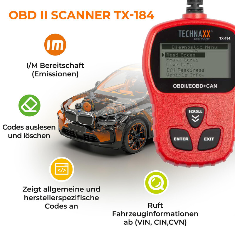 Technaxx Germany OBD2 Code Reader, OBD-II Car Diagnostic Tool, Fault Code Scanner for Professionals & Beginners