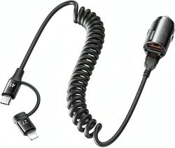 Remax Mena Car Phone Charger 45W Fast Charging Comes with iPh+TYPE-C Spring Cables With 2 in 1 Cable, Black