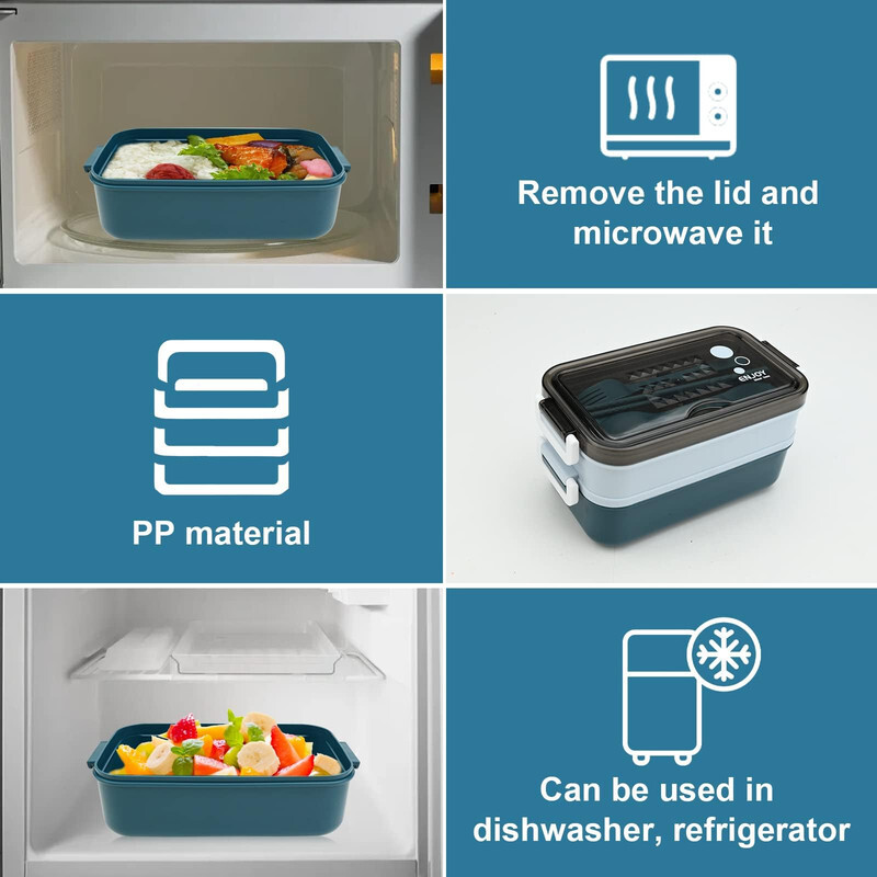 Limitless Lunch Box 1050ml with Sticks, Fork and Spoon,3 Compartments, Leak Proof Double Layer Bento Box, Microwave & Dishwasher Safe Lunch Boxes for School, Work, Picnic, Travel, (Green/Gray)