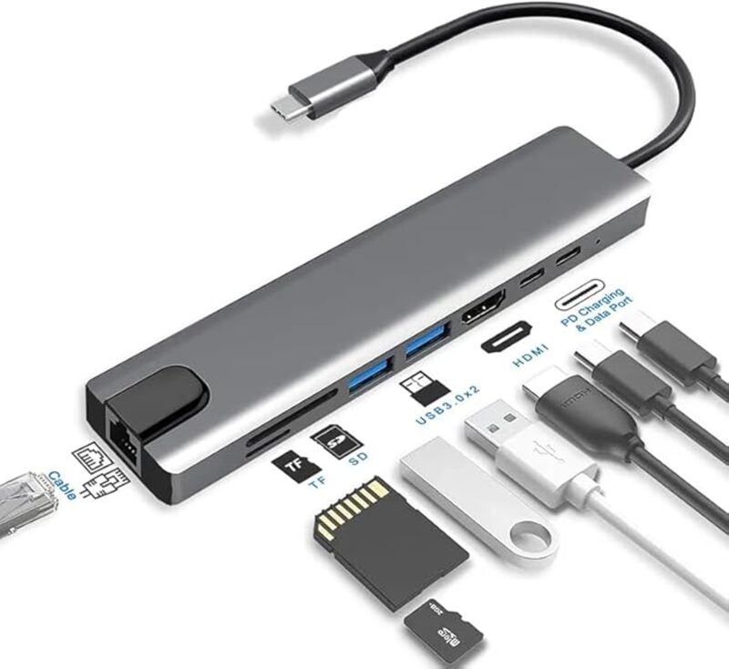 

Limitless Multi-Functional 8 in 1 Hub USB 3.1 Type C For 4K HDMI, PD Power Delivery, USB-C, Ethernet, 2 USB, SD/TF Card Reader Compatible with Mac Boo