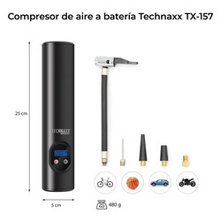 Technaxx Battery Air Compressor, Portable & Rechargeable, High-Power Inflation for Tires, Sports Equipment, and More, Compact Design