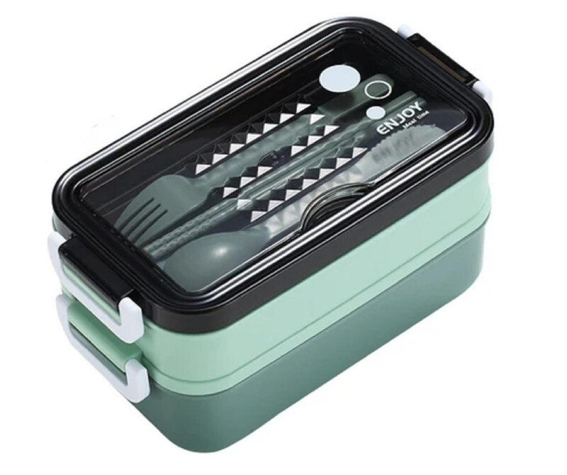 Limitless Lunch Box 1050ml with Sticks, Fork and Spoon,3 Compartments, Leak Proof Double Layer Bento Box, Microwave & Dishwasher Safe Lunch Boxes for School, Work, Picnic, Travel, (Green/Gray)