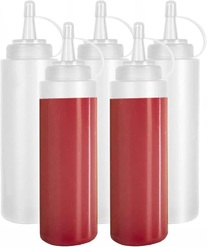 5 Pcs Squeeze Condiment Bottles with Twist On Cap Lids, 300ML Multipurpose Squirt Bottles, Dispensing Bottles for Sauce, BBQ, Paint, and Olive Oil (5 Pack 300ml)