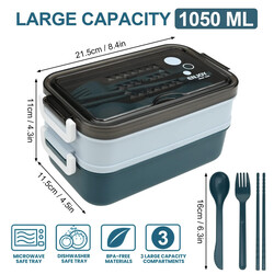 Limitless Lunch Box 1050ml with Sticks, Fork and Spoon,3 Compartments, Leak Proof Double Layer Bento Box, Microwave & Dishwasher Safe Lunch Boxes for School, Work, Picnic, Travel, (Green/Gray)