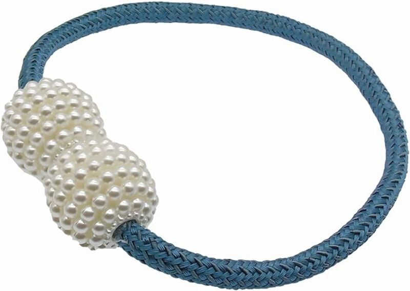 Limitless 2 PCS Magnetic Pearl Curtain Buckle Magnetic European Style Decorative Weave Rope Curtain Rings & Buckles Holder for Window Sheer Blackout Draperies, Braided Straps Ball Buckles, (Blue)