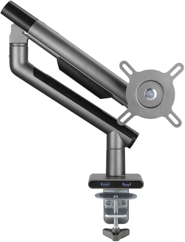 AFTERWORK Snap Premium Single Monitor Arm - Aluminum Spring-Assisted, USB Ports, Quick-Release VESA, 180° Rotation Stop, and Cable Management (Grey)