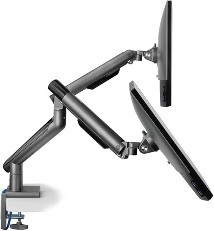 AFTERWORK Snap Premium Dual Monitor Arm - Aluminum Spring-Assisted, USB Ports, Quick-Release VESA, 180° Rotation Stop, and Cable Management (Grey)