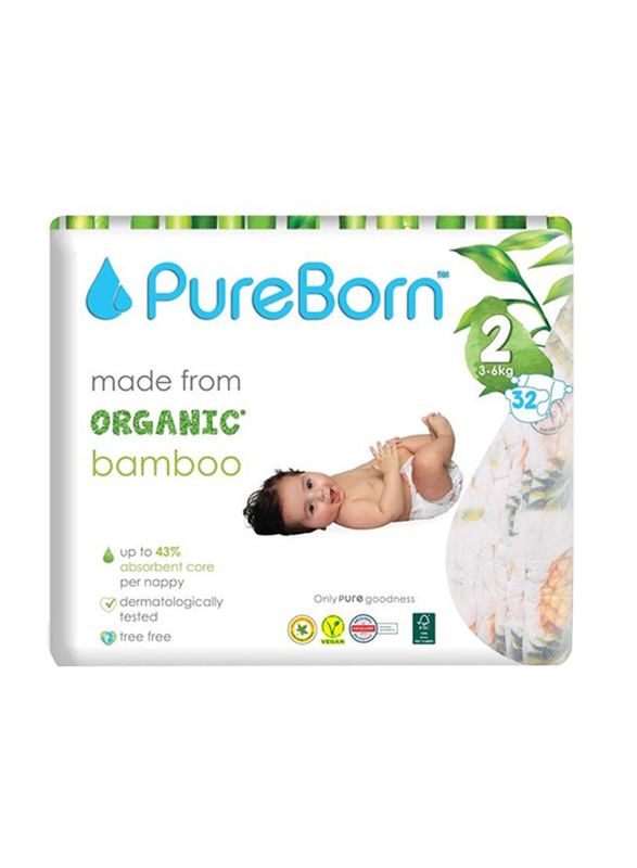 Pureborn Premium Organic Bamboo Baby Disposable Diapers, Size 2, 3-6 Kg, 32 Count