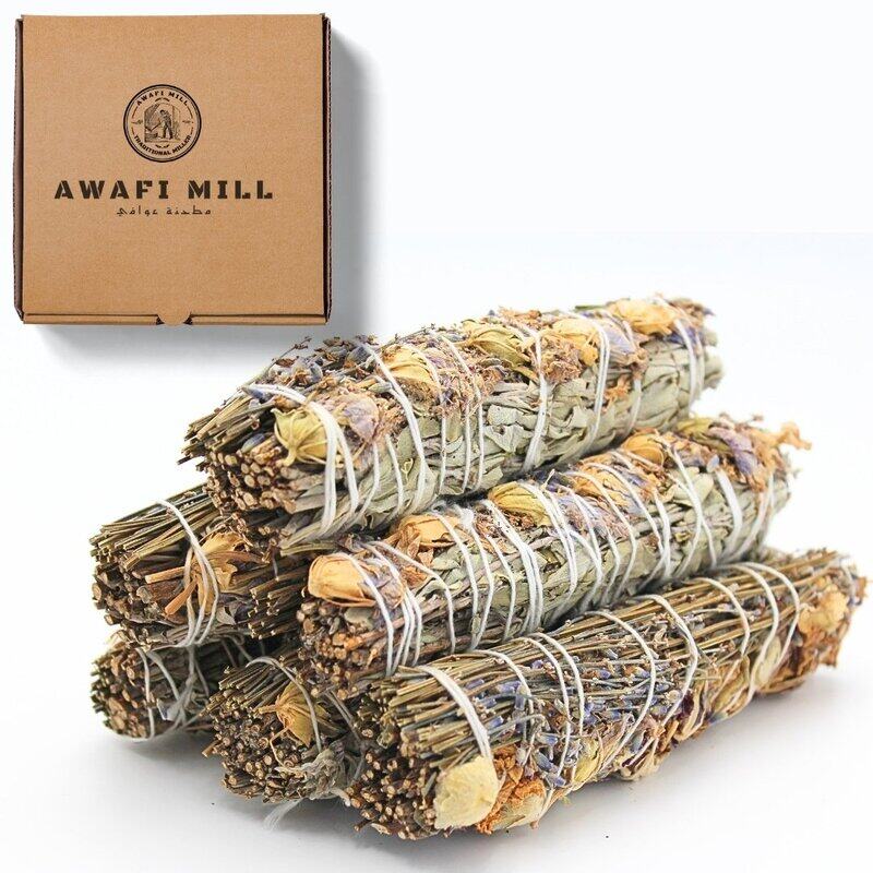 

AWAFI MILL AURA INCENSE Sage Smudge Stick with Flowers - Premium Handcrafted Cleansing Bundle (Pack of 5 Stick)