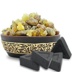 Awafi Mill Frankincense Luban Black Hojari Resin from Oman - Boswellia Sacra with Triangle Charcoal Tablet (Pack of 120 Gram Jute Bag with 20 Charcoal Piece)