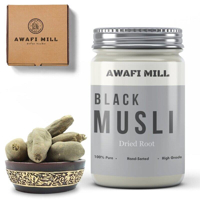 

AWAFI MILL Black Musli Dried Root - Premium Quality - Potent Aphrodisiac - Natural Energy Booster - Traditional Ayurvedic Herb (Bottle of 100 gram / 3