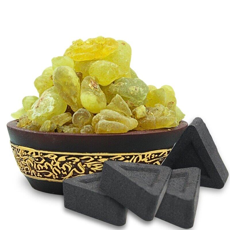 

AWAFI MILL Frankincense Oman Green Hojari - Beautiful Green Hue Mild & Long-Lasting Aroma with Triangle Charcoal Tablet (Pack of 120 Gram Jute Bag wi