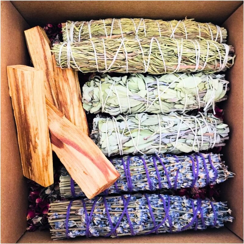 Awafi Mill Premium Rejuvenating Kit - Smudge Set with White Sage, Palo Santo, Lavender Sage, Rose Mary - Ideal for Home & Office (Box with Single Sticks & Rose Petals)