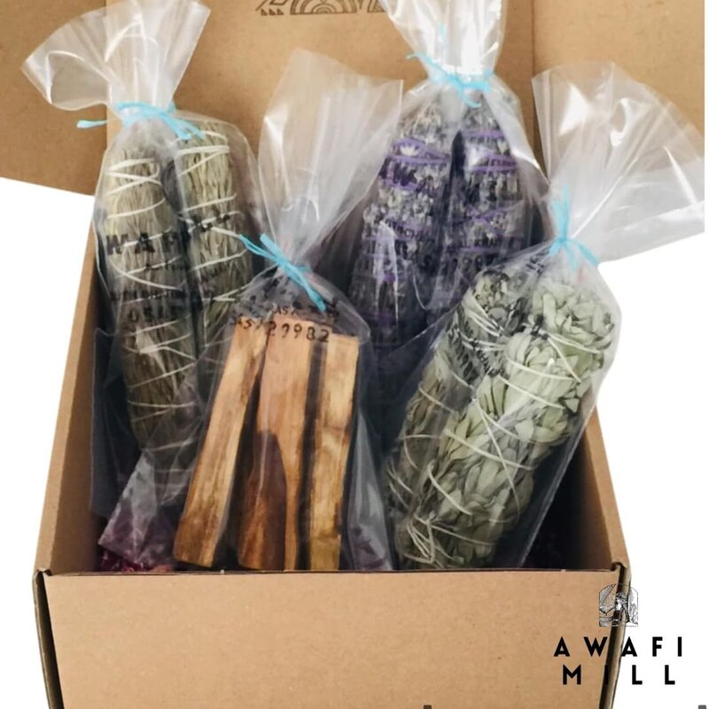 Awafi Mill Premium Rejuvenating Kit - Smudge Set with White Sage, Palo Santo, Lavender Sage, Rose Mary - Ideal for Home & Office (Box with Single Sticks & Rose Petals)