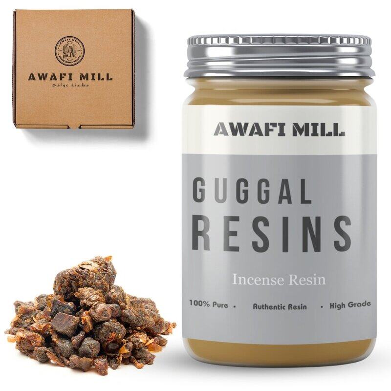 

AWAFI MILL Guggal Resins - Edible Commiphora Gum Resin with Charcoal Tablet for Aromatic Burning (Pack of 120 Gram with 20 Charcoal Piece)