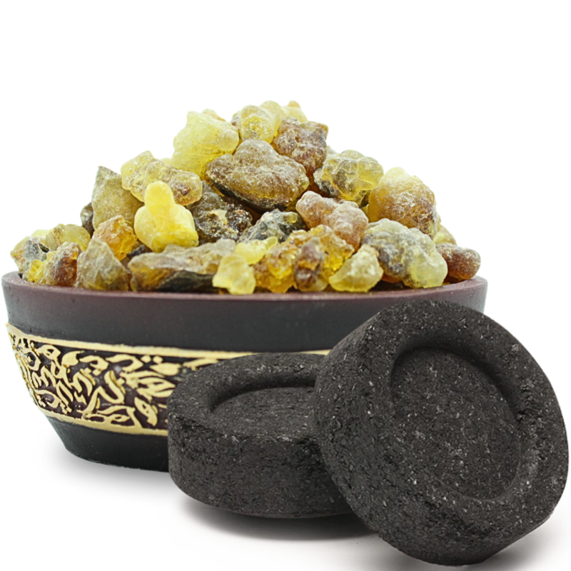 

Awafi Mill Frankincense Luban Black Hojari Resin from Oman - Boswellia Sacra with Charcoal Tablet (Pack of 120 Gram Jute Bag with 20 Charcoal Piec)