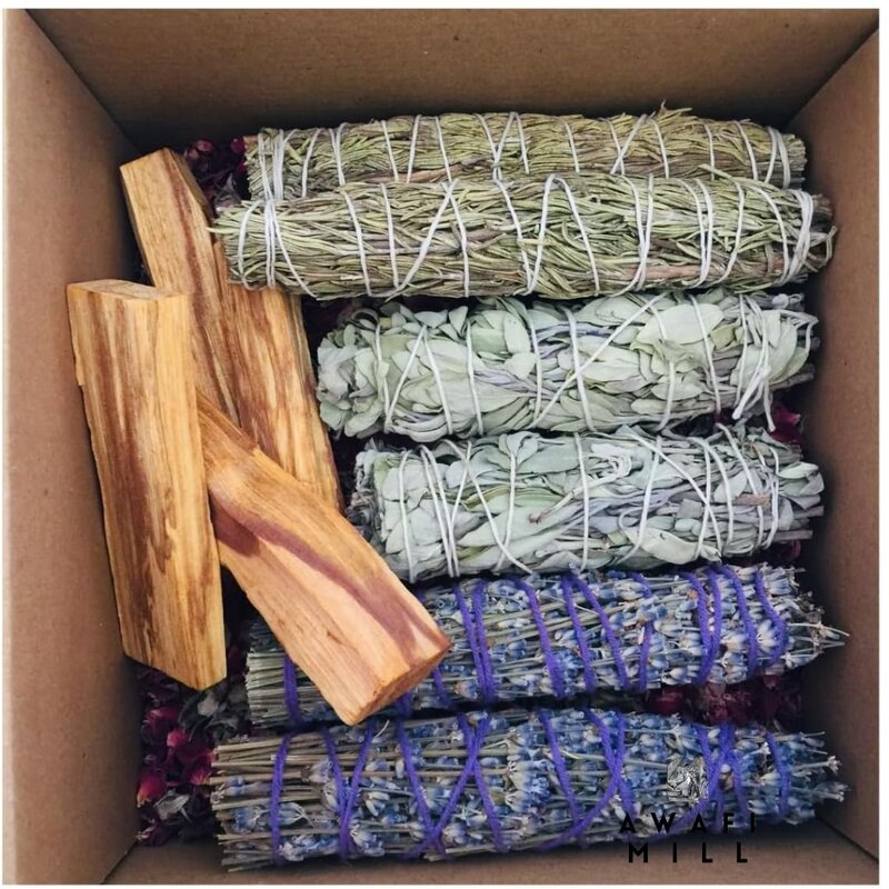 Awafi Mill Premium Rejuvenating Kit - Smudge Set with White Sage, Palo Santo, Lavender Sage, Rose Mary - Ideal for Home & Office (Box with Single Sticks & Rose Petals)