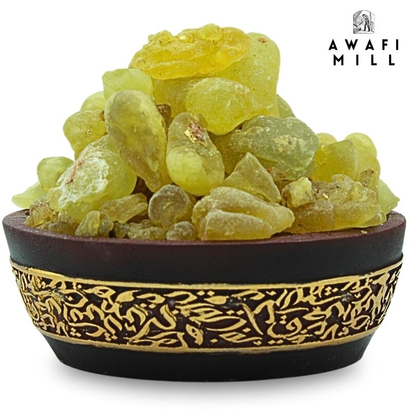 AWAFI MILL Frankincense Oman Green Hojari - Hand Sorted  Bulk Harvest - Beautiful Green Hue  Mild & Long-Lasting Aroma with Charcoal Tablet (Pack of 120 Gram Jute Bag with 20 Charcoal Piece)