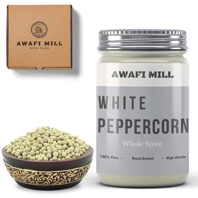 

AWAFI MILL Whole White Peppercorn - Culinary Essential for Gourmet Delights - Subtle Heat and Aroma - Versatile Addition to Kitchen Pantry (Bottle of