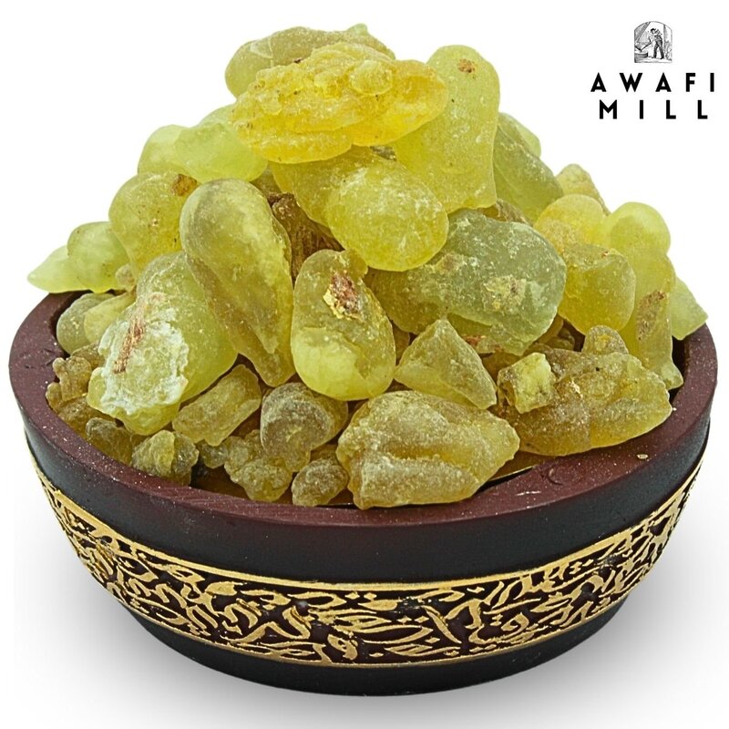 AWAFI MILL Frankincense Oman Green Hojari - Hand Sorted  Bulk Harvest - Beautiful Green Hue  Mild & Long-Lasting Aroma with Charcoal Tablet (Pack of 120 Gram Jute Bag with 20 Charcoal Piece)